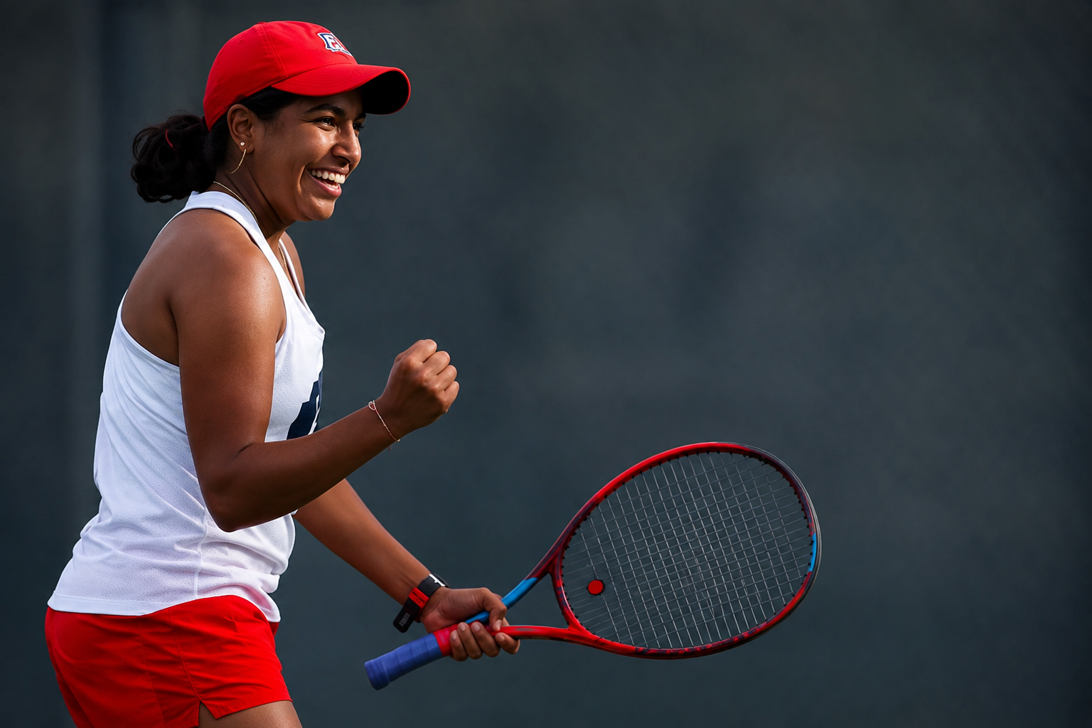 A college tennis player smiling on court after winning a point